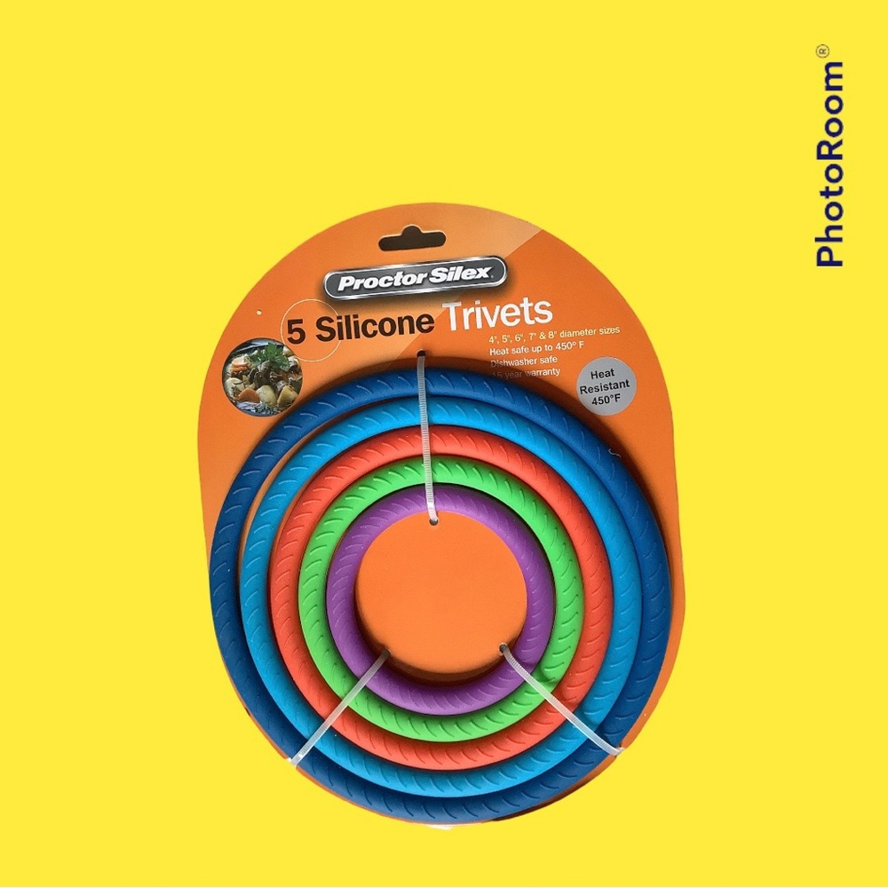 Proctor Silex 5 Piece Silicone Trivet Rings Assorted Colors. 4”, 5”, 6”, 7” & 8”